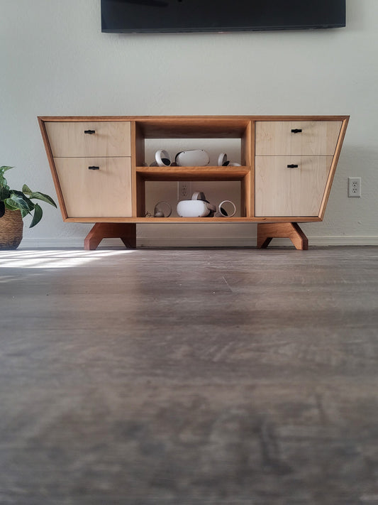 Waterfall Media Console made from Cherry and Curly Maple